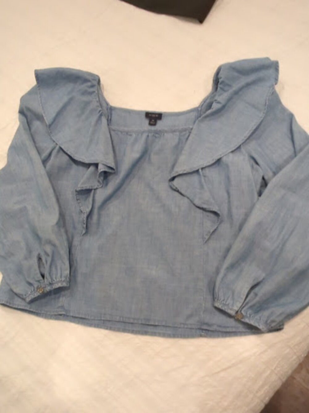 J.Crew Light Wash Chambray Ruffle Long Sleeve Blouse Size M